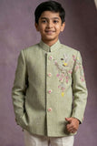 Pista Green Jodhpuri Suit With Bird Embroidery And Floral Detailing For Boys