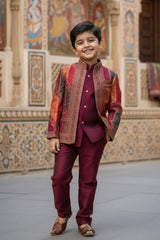 Maroon Premium Brocade Indo Western Suit Set For Boys