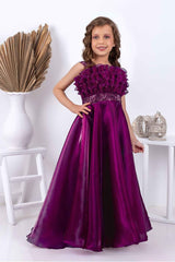 Designer Wine Sequins Work Party Wear Gown For Girls