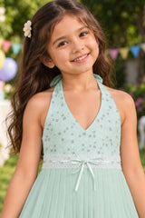 Girls Mint Green Floral Lace Halter Neck Pleated Dress