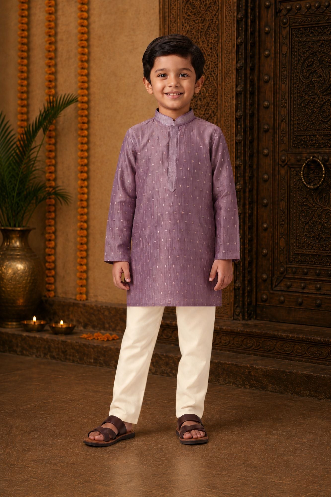 Boys Ethnic Mauve Crushed Tissue Embriodered Kurta Pajama Set