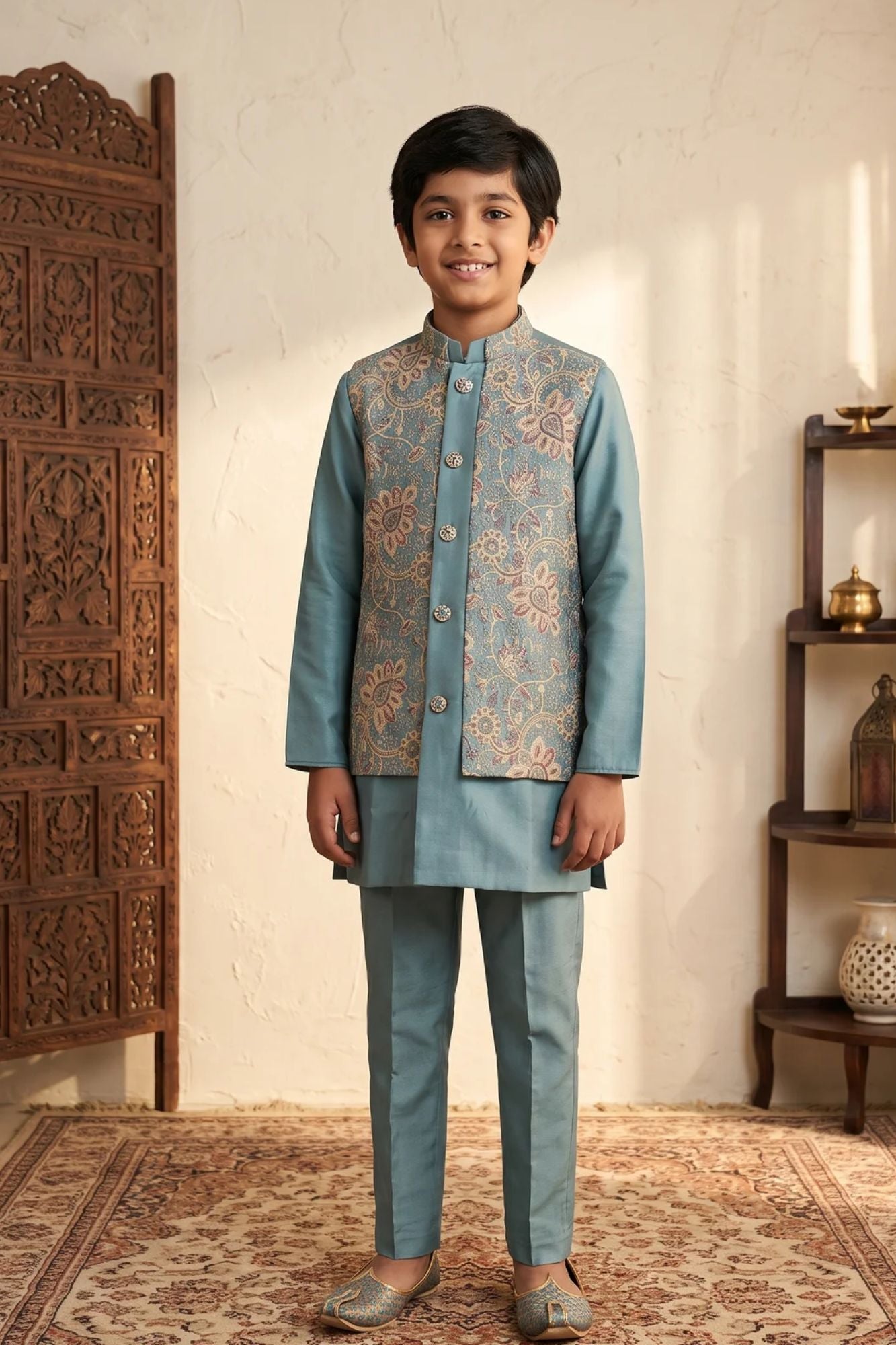 Boys Dusty Blue Floral And Paisley Embroidered Kurta Set With Nehru Jacket