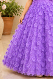 Lavender 3D Floral Appliqué Party Gown With Pleated Bow And Butterfly Brooch For Girls