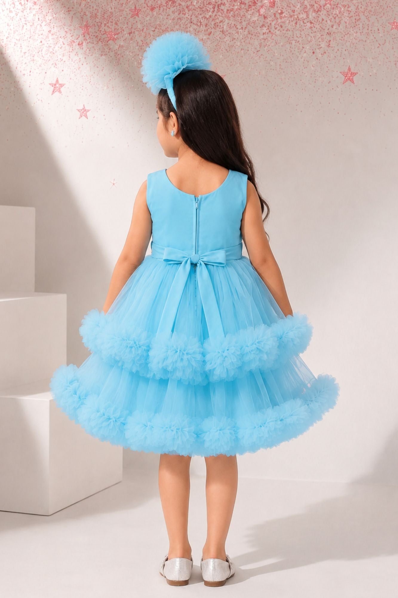 Sky Blue Sequined Ruffles Party Wear Frock for Girls