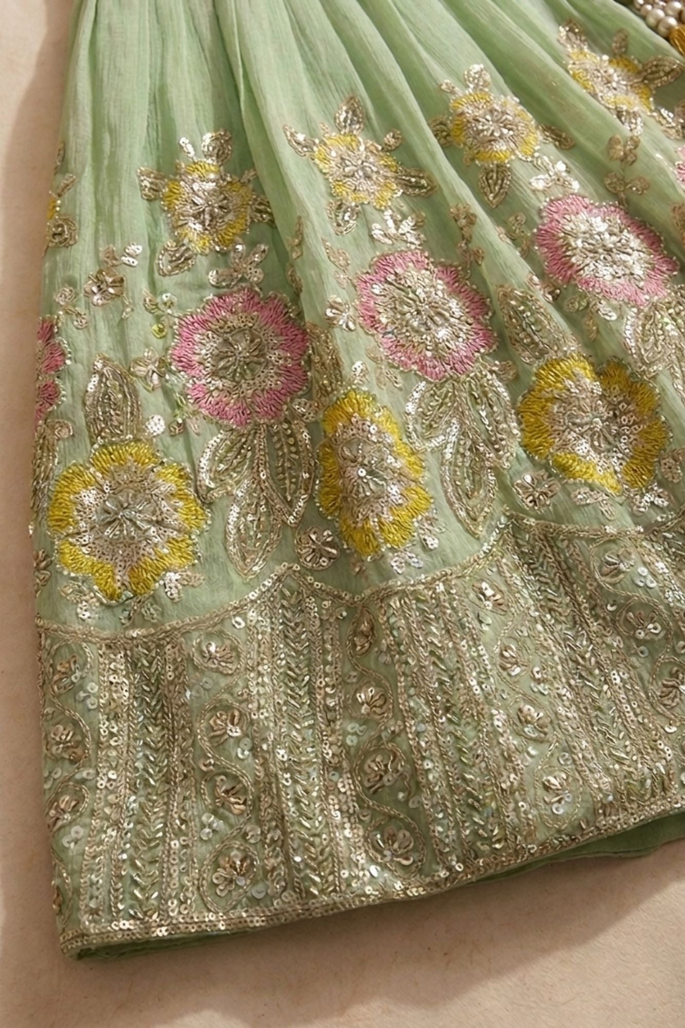 Pista Green Floral Embellished Lehenga Choli Set