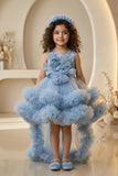 Girls Blue Party Frock with 3D Floral Detail and Layered Tulle