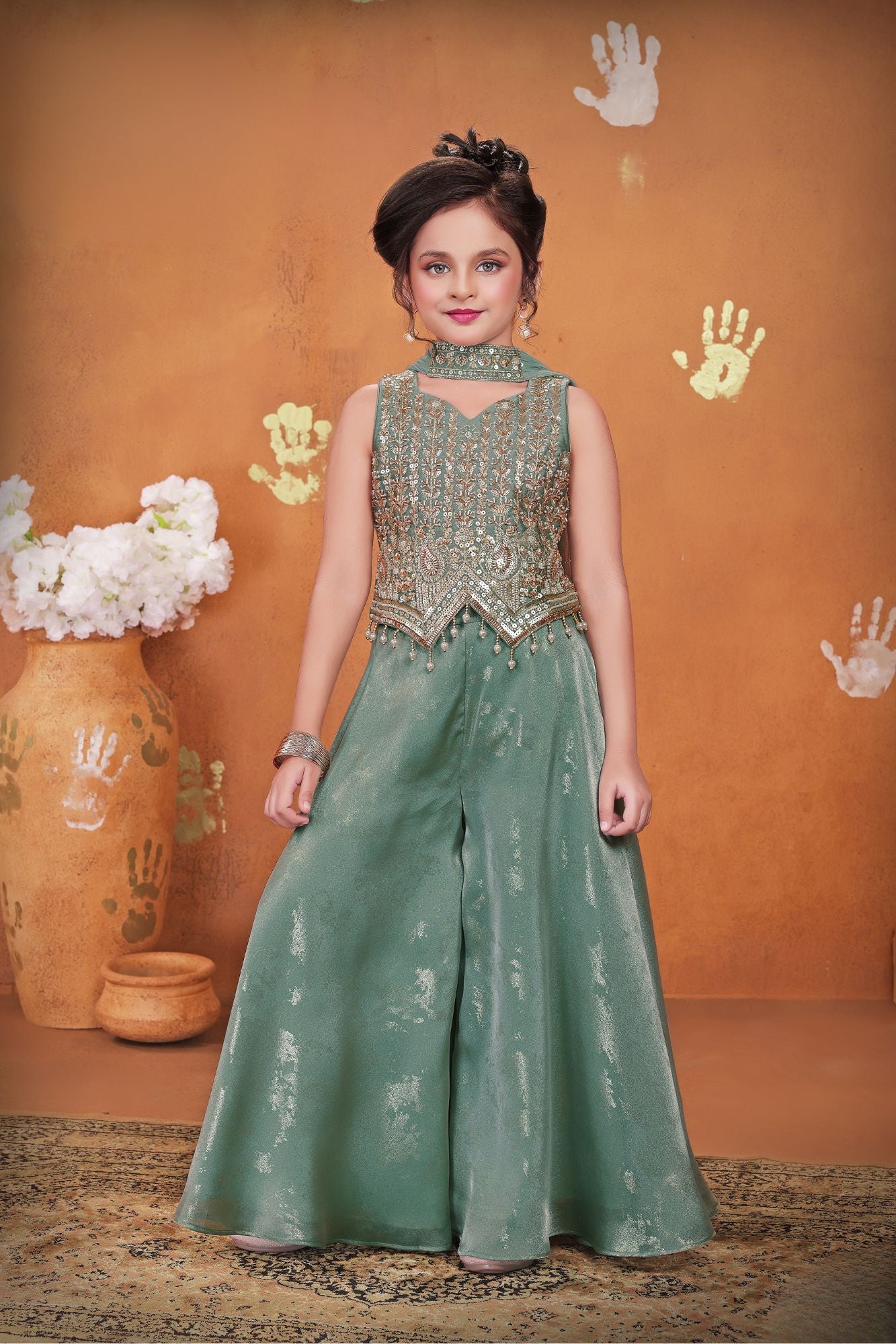 Girls Sage Green Embroidered Palazzo Set With Dupatta
