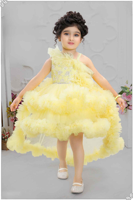 Elegant Shimmer Yellow Net Tailback Ruffle Frock For Girls