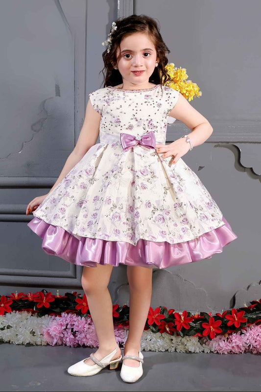 Floral Printed Lavender Partywear Frock For Girls