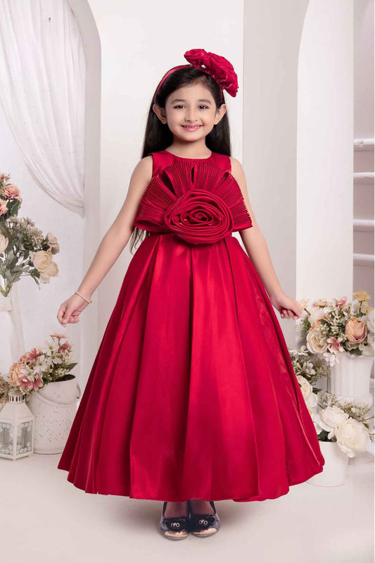 Red Embellished With Floral Gown For Girls