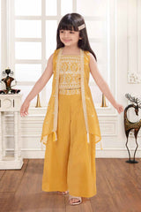 Mustard Sequins Work And Thread Work Palazzo Set With Overcoat For Girls