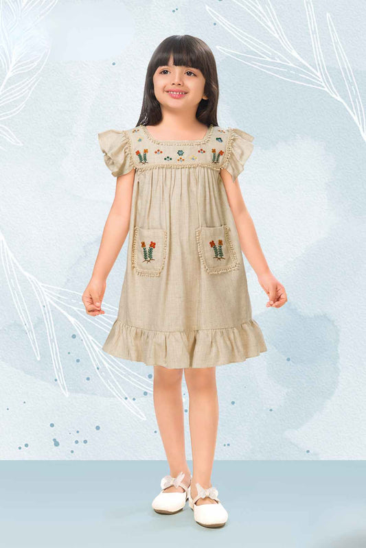 Beige Cotton Embroidered Casual Dress With Flutter Sleeves For Girls