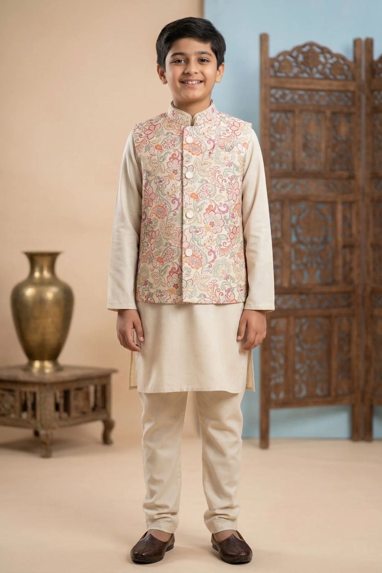 Boys Cream Kurta Set with Floral Printed Nehru Jacket