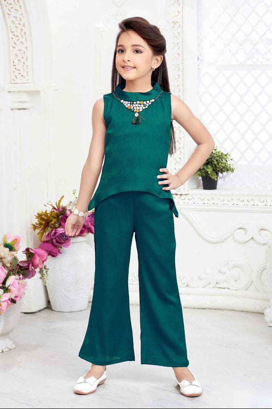 Stylish Rama Green Casual Co Ord Set For Girls