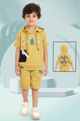 Mustard Yellow Printed Hoodie With Shorts Set For Boys