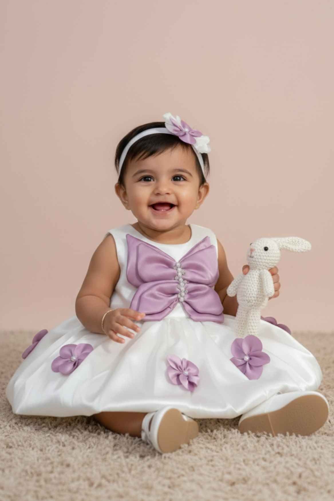 White & Pink Butterfly Bow Party Wear Frock for Girls