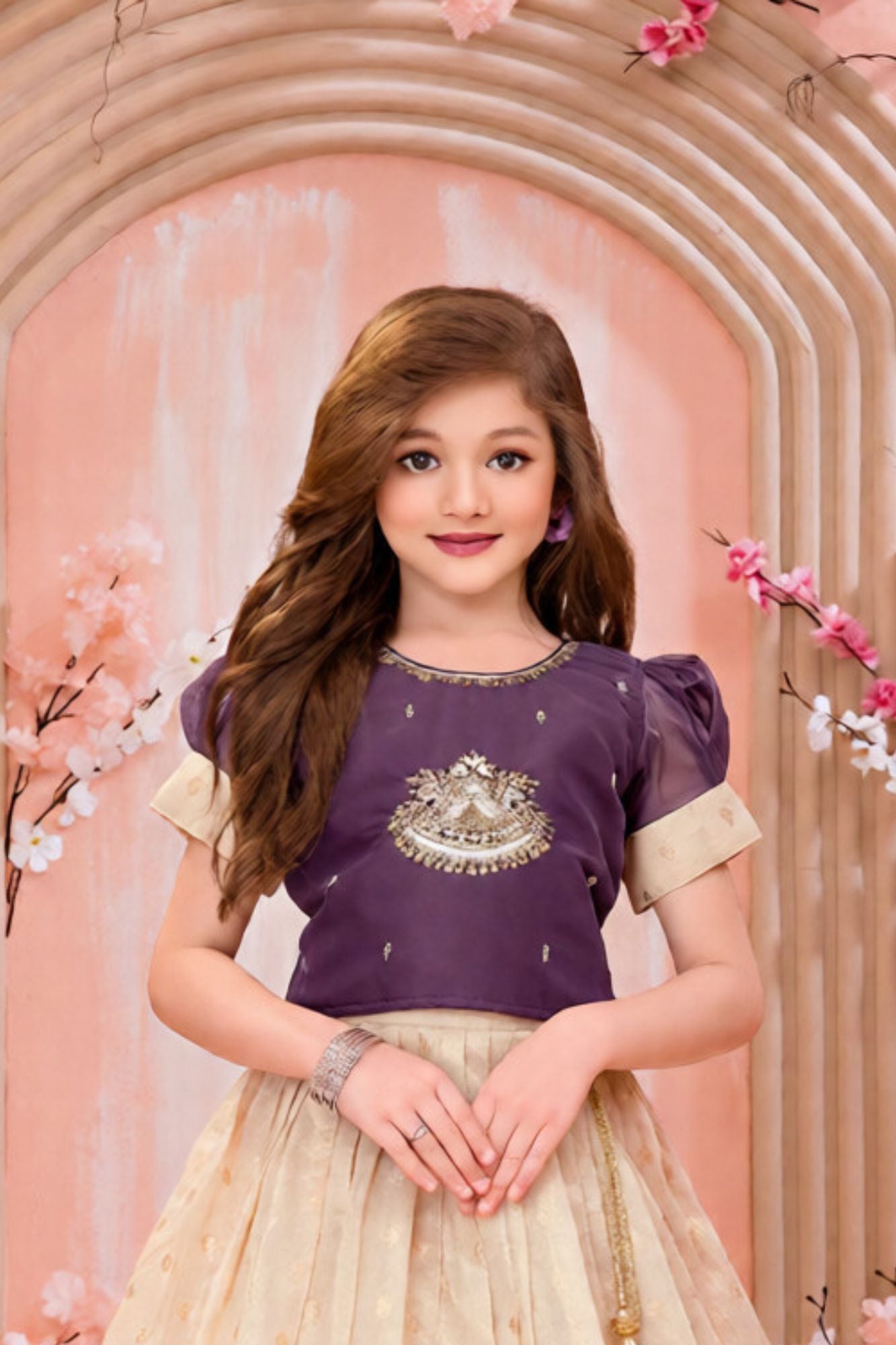 Purple & Cream Zari and Stone Embroidery Pattu Pavadai Set