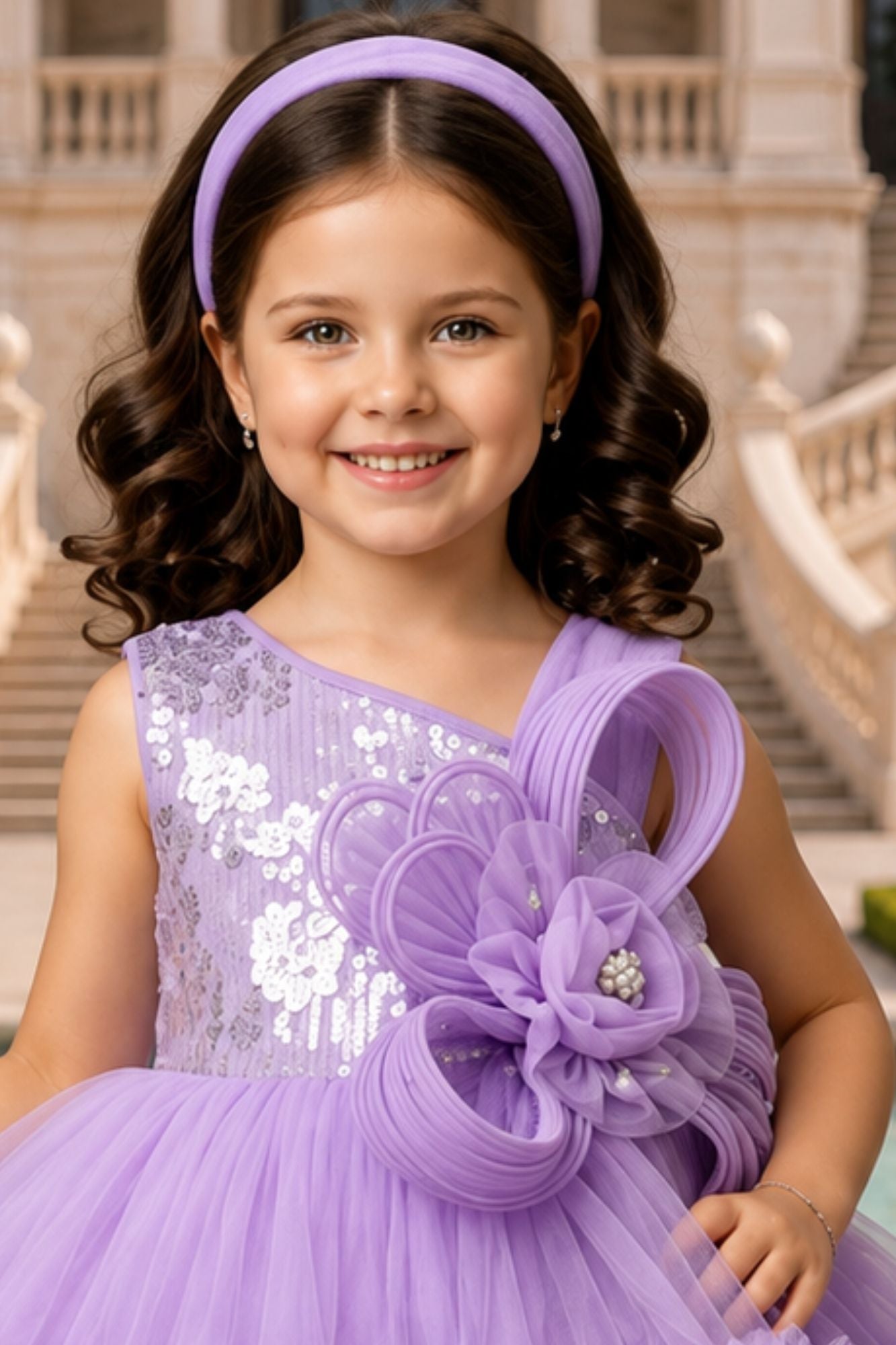 Girls Lavender Layered Ruffle Tailback Party Dress With Floral Details