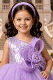Girls Lavender Layered Ruffle Tailback Party Dress With Floral Details