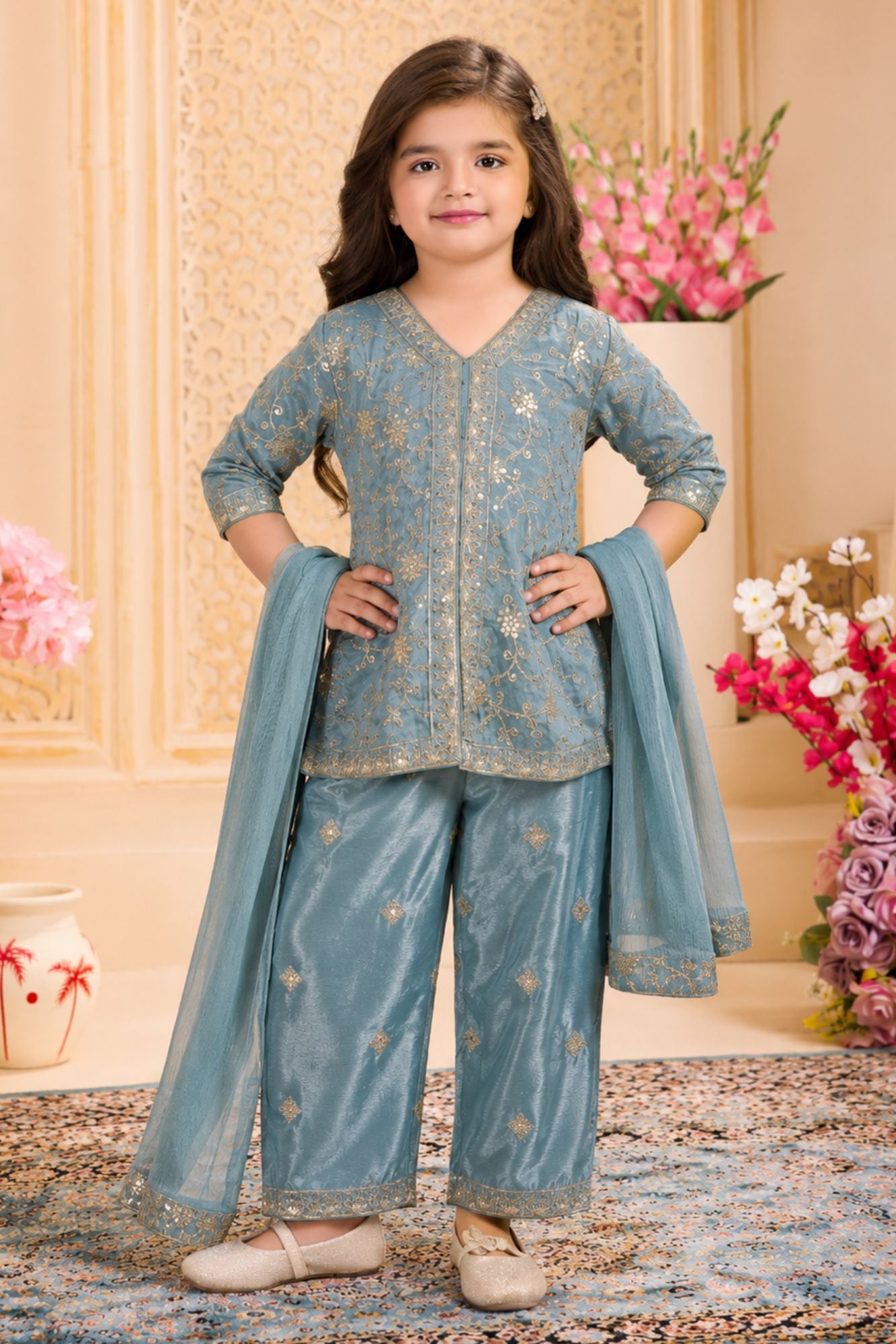 Aqua Blue Delicate Floral Vine Embroidered Palazzo Set with Dupatta