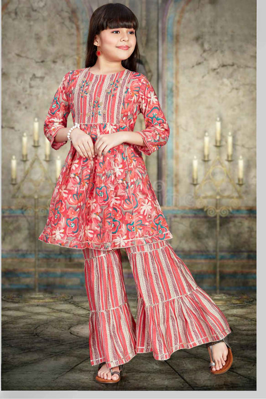 Peach Floral Printed And Embroidered Sharara Set For Girls