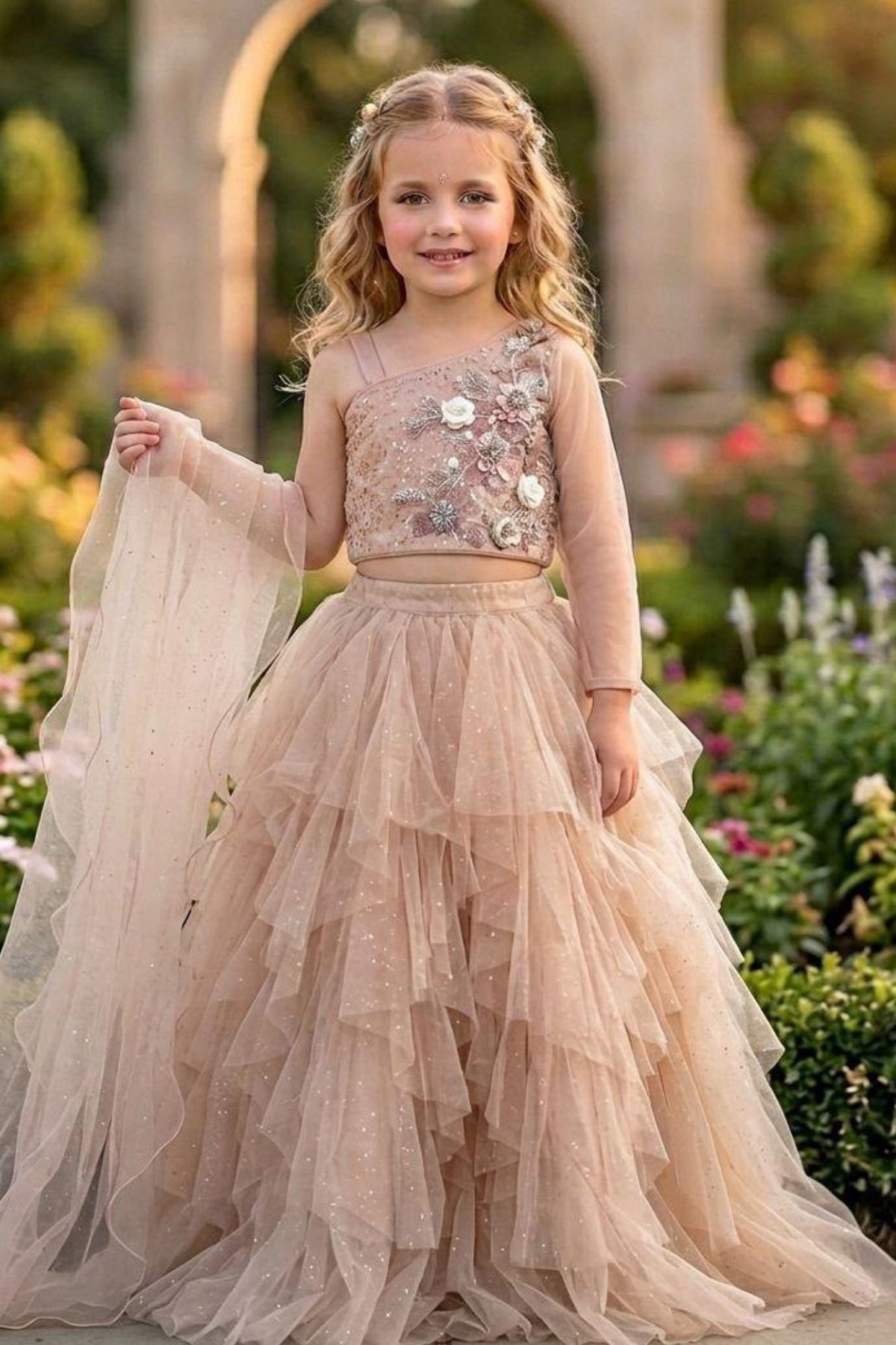 Blush Pink Floral Ruffle Lehenga Choli For Girls