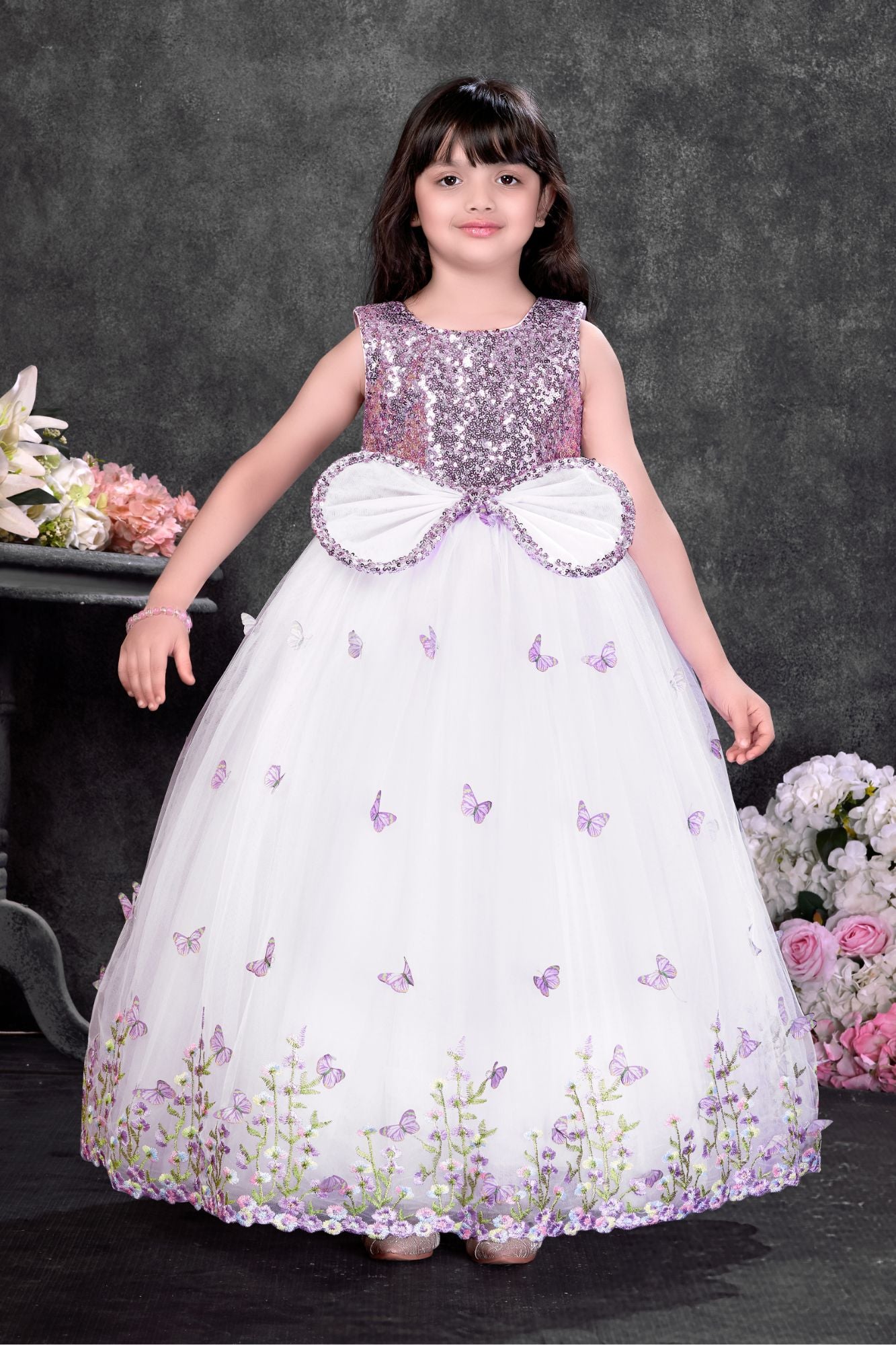 Lavender Butterfly Embroidered Party Wear Gown For Girls