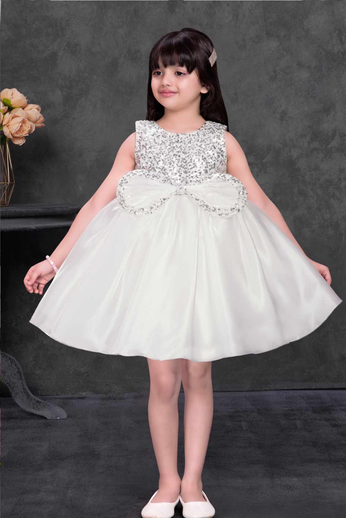 White Sequin Party Wear Frock with Bow Detail For Girls