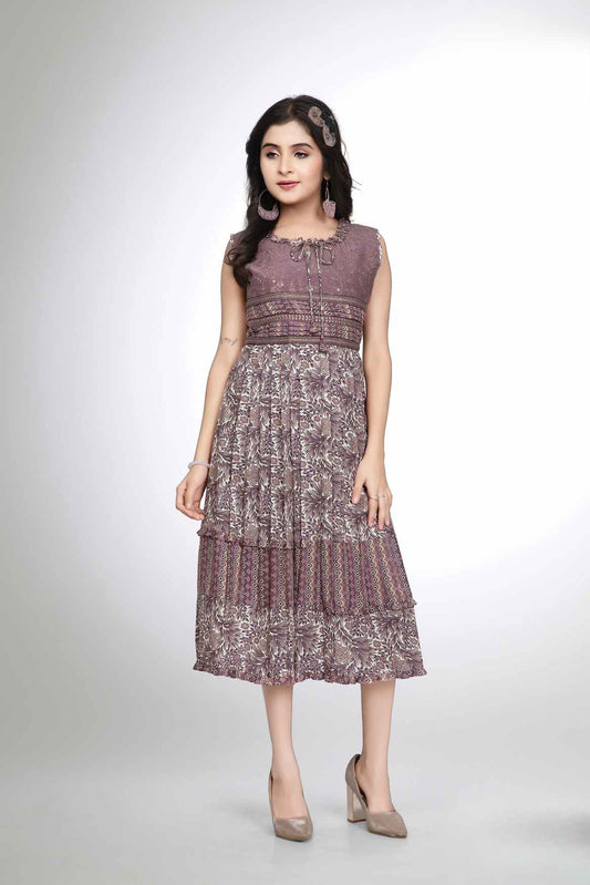 Purple Sequins Work And Printed Casual Dress For Girls