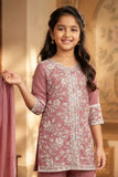 Mauve Thread Embroidered Short Kurti with Sharara and Dupatta For Girls