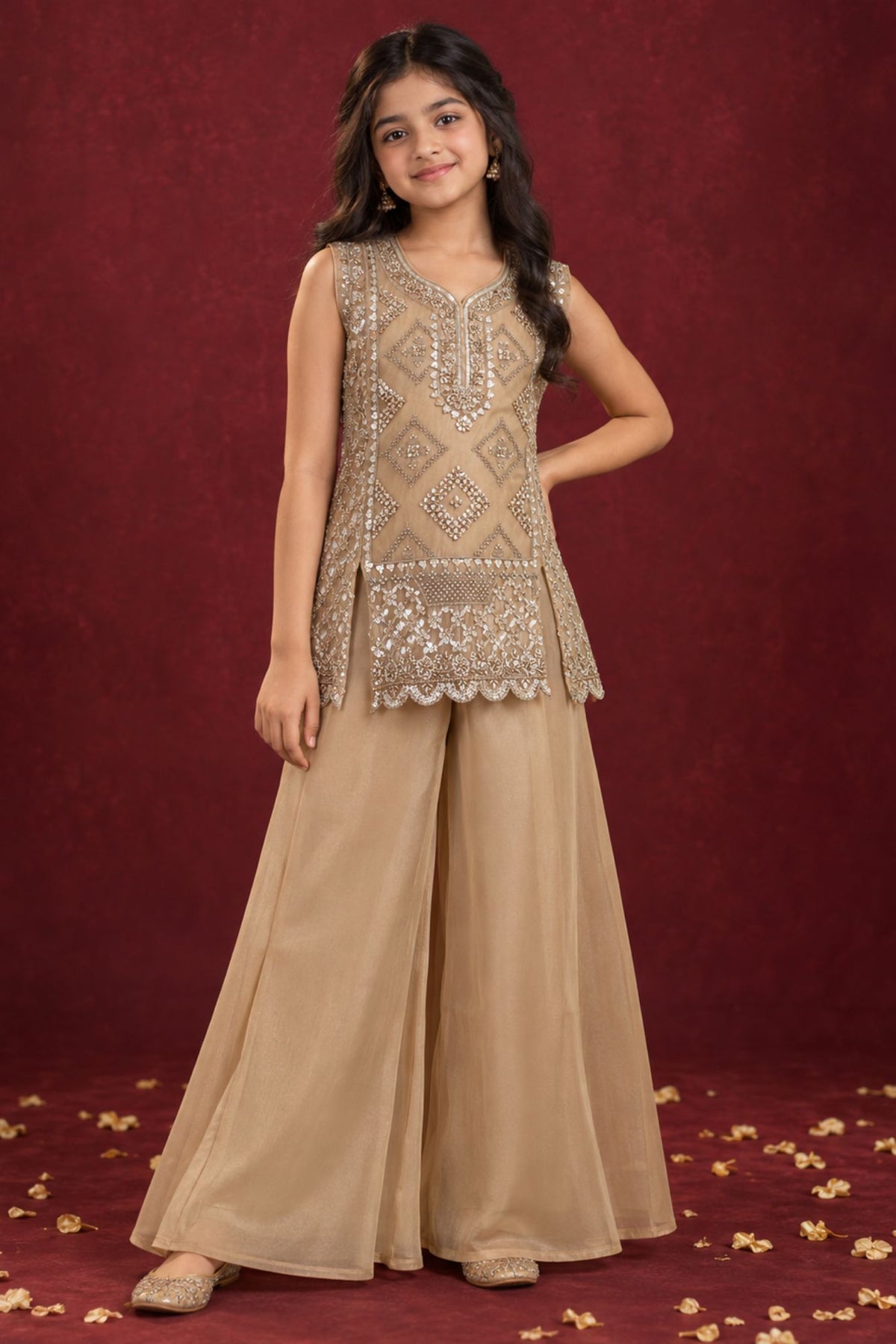 Champagne Sequin Gold Embellished Palazzo Set with Dupatta For Girls