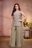 Girls Olive Green Multicolour Floral Sequin Embroidered Sleeveless Palazzo Set With Dupatta