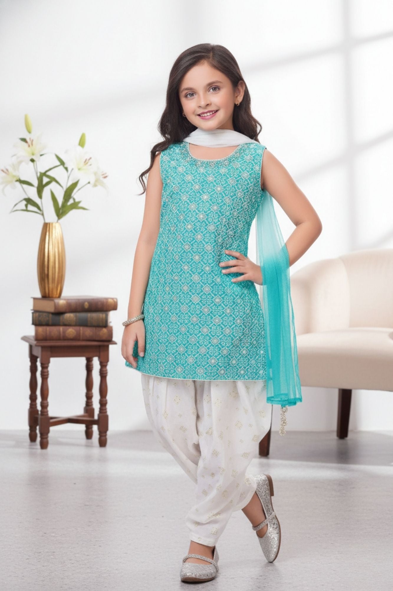 Aqua Blue Embroidered Patiala Suit Set With Dupatta For Girls
