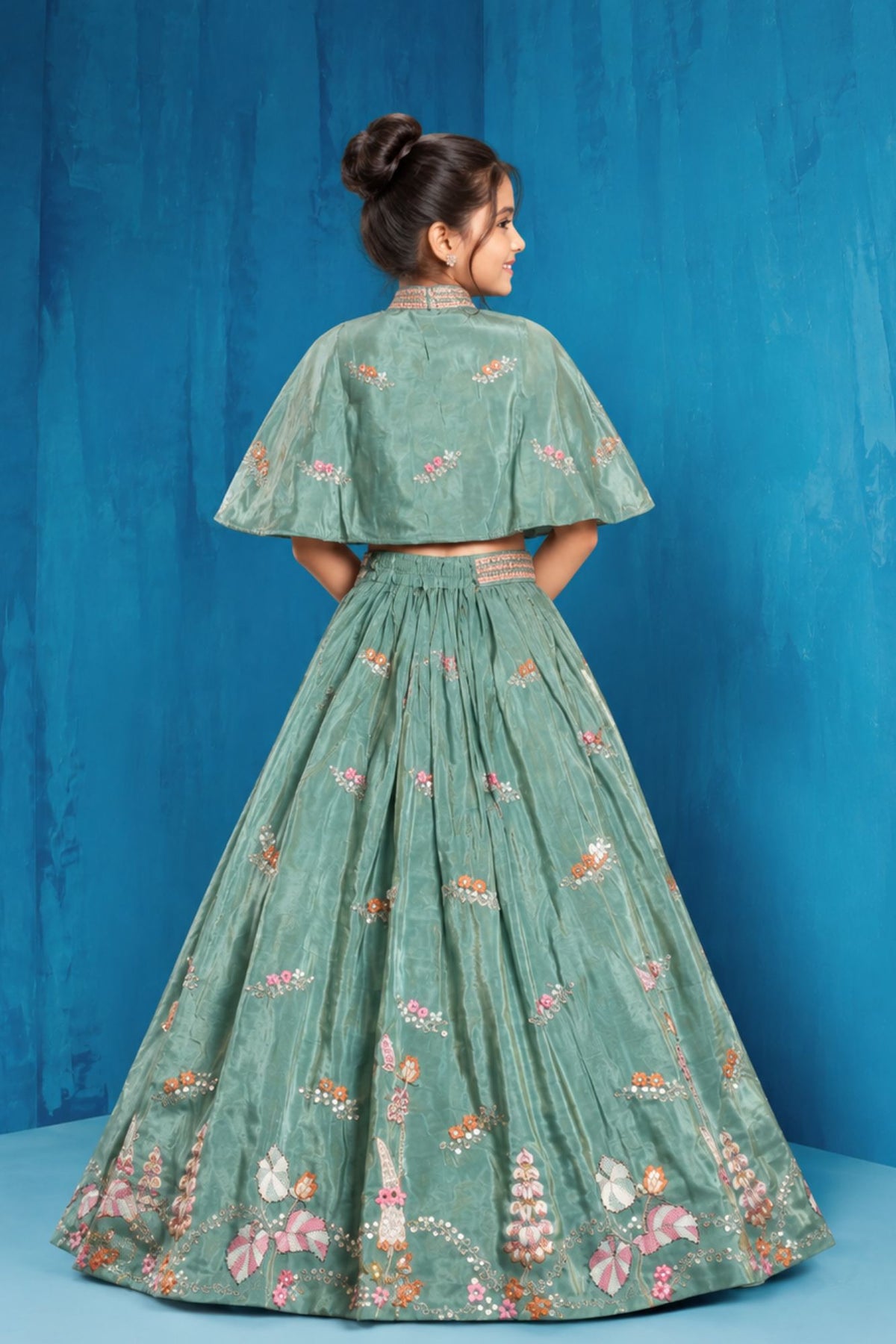 Girls Sage Green Floral Embroidered Cape Lehenga Choli