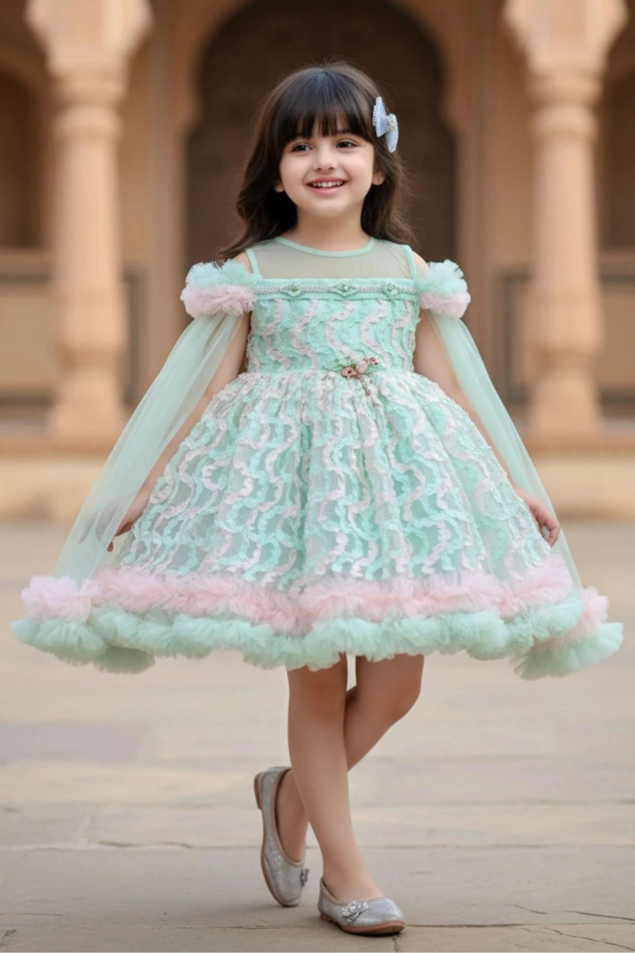 Mint Green And Pink Layered Ruffled Party Wear Frock with Cape For Girls