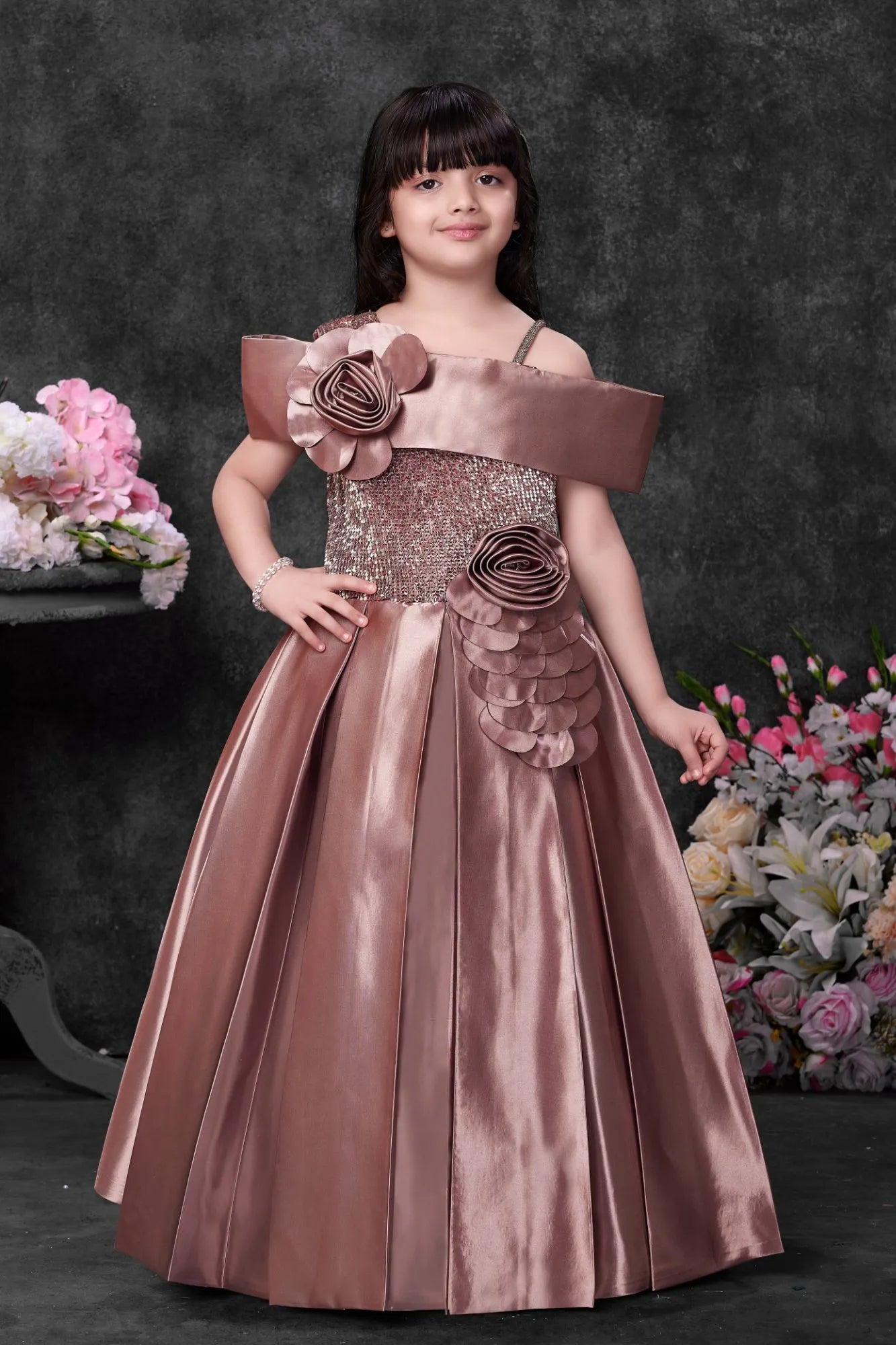 Rose Gold Satin Party Wear Gown with Floral Appliqué For Girls