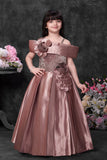 Rose Gold Satin Party Wear Gown with Floral Appliqué For Girls