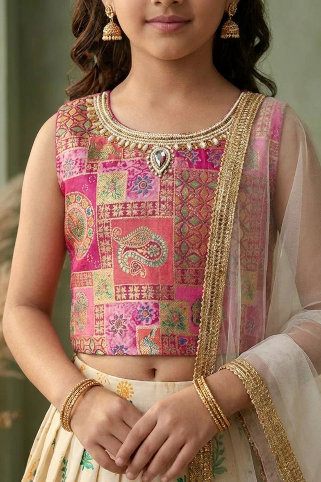 Girls Cream and Rani Pink Printed Lehenga Choli Set with Dupatta