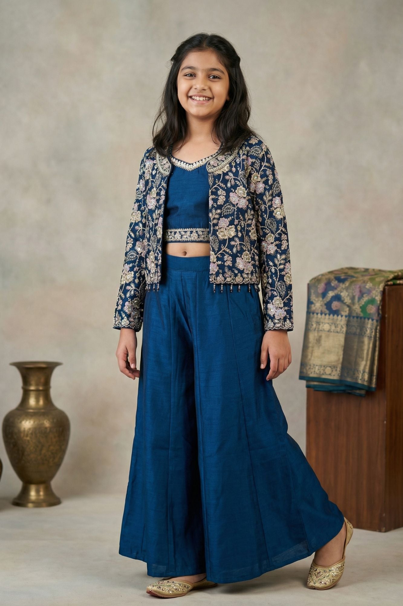 Blue Embroidered Palazzo Set With Jacket for Girls