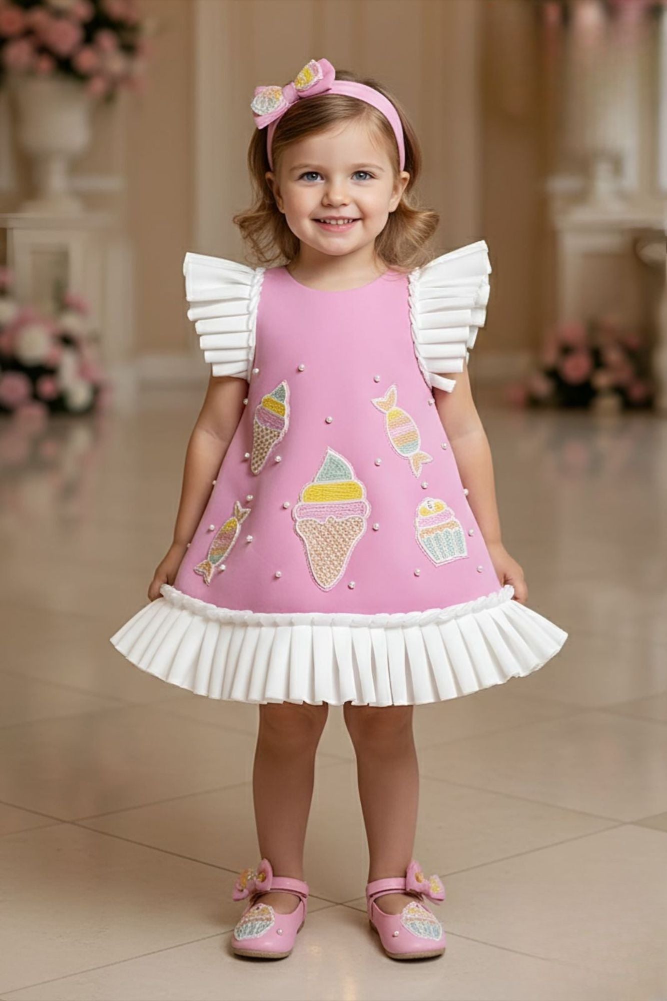 Baby Pink Ice Cream Appliqué Party Wear Frock with Pleated Ruffle Sleeves For Girls