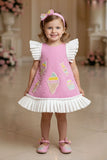 Baby Pink Ice Cream Appliqué Party Wear Frock with Pleated Ruffle Sleeves For Girls
