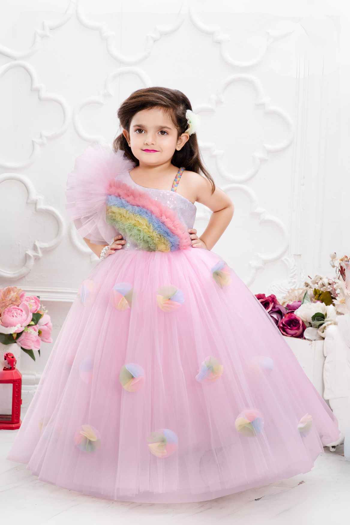 Pink Net Gown With Rainbow Pattern Ruffle Design For Girls