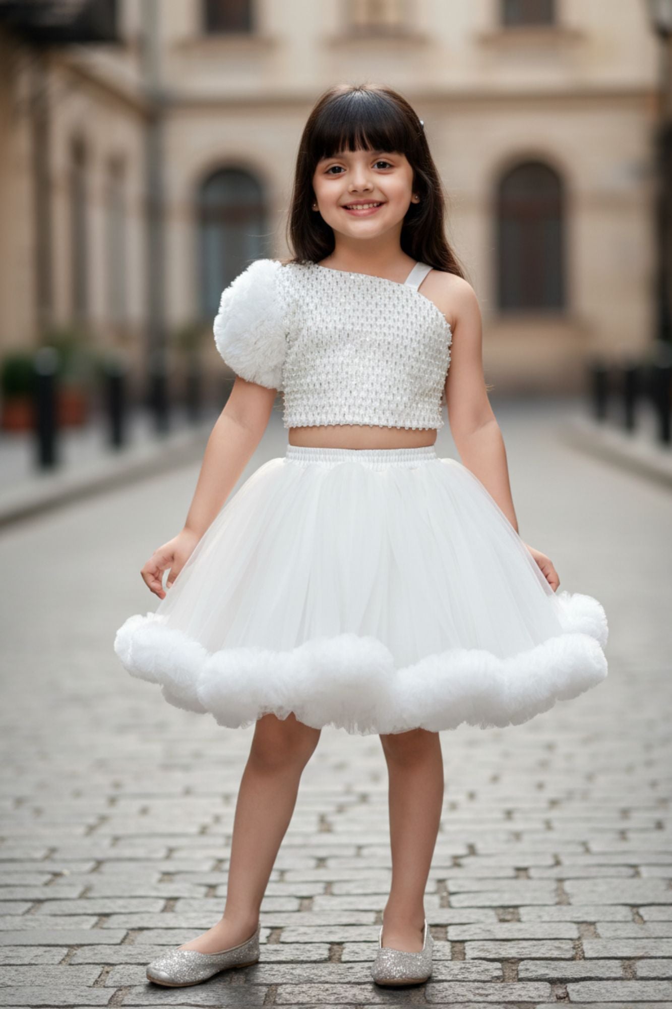 White Ruffled Sequins And Pearl Work Skirt Set For Girls