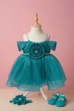 Teal Blue Party Frock with Pleated Flower Appliqué and Shimmer Finish For Girls