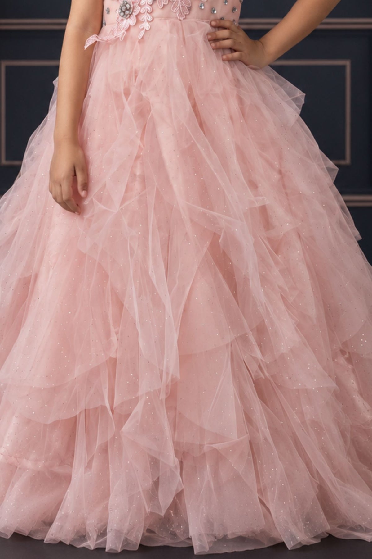 Girls Blush Pink Floral Embellished Layered Party Wear Gown