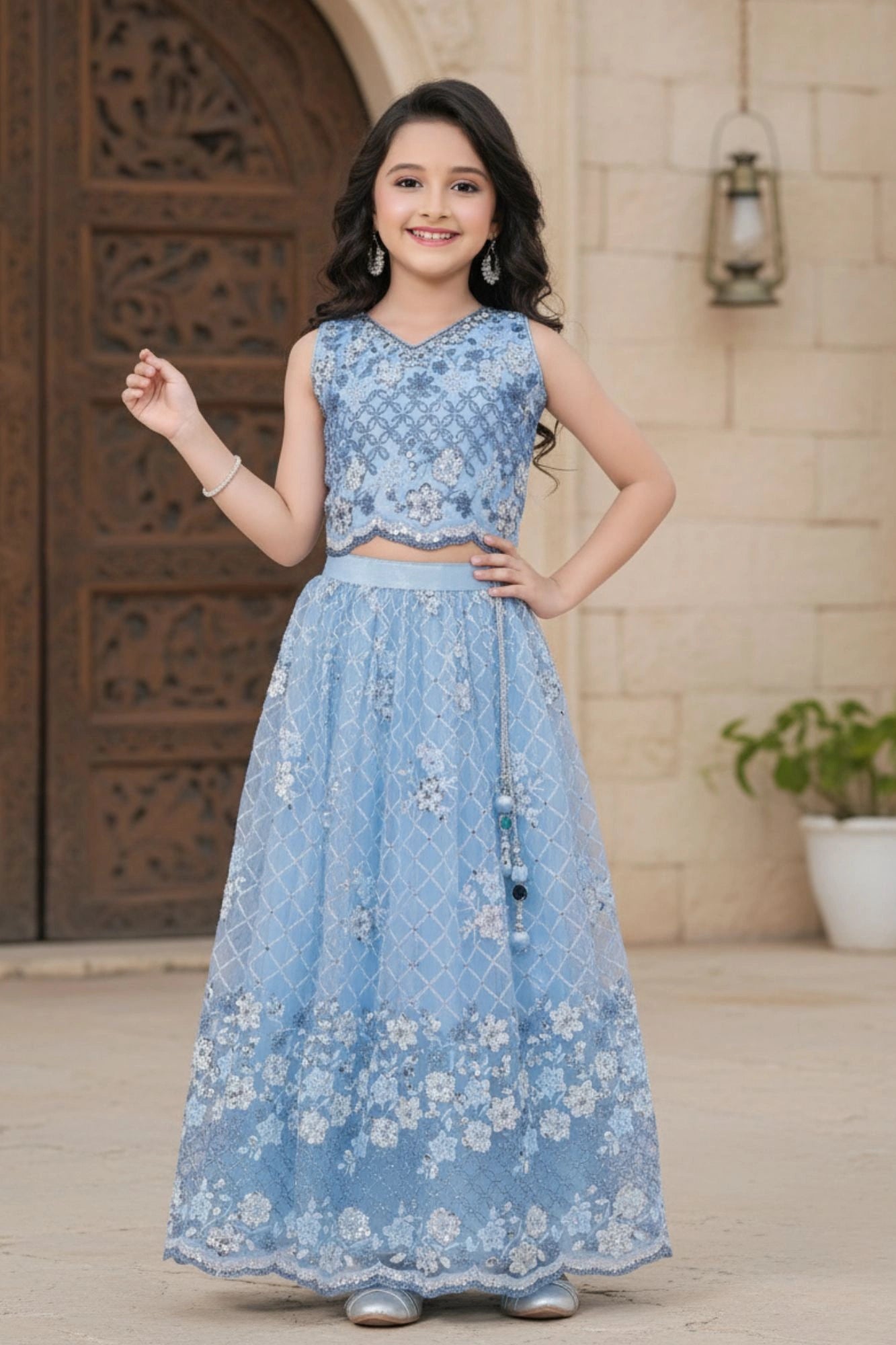 Sky Blue Embroidered Lehenga Choli with Sequin and Thread Work For Girls