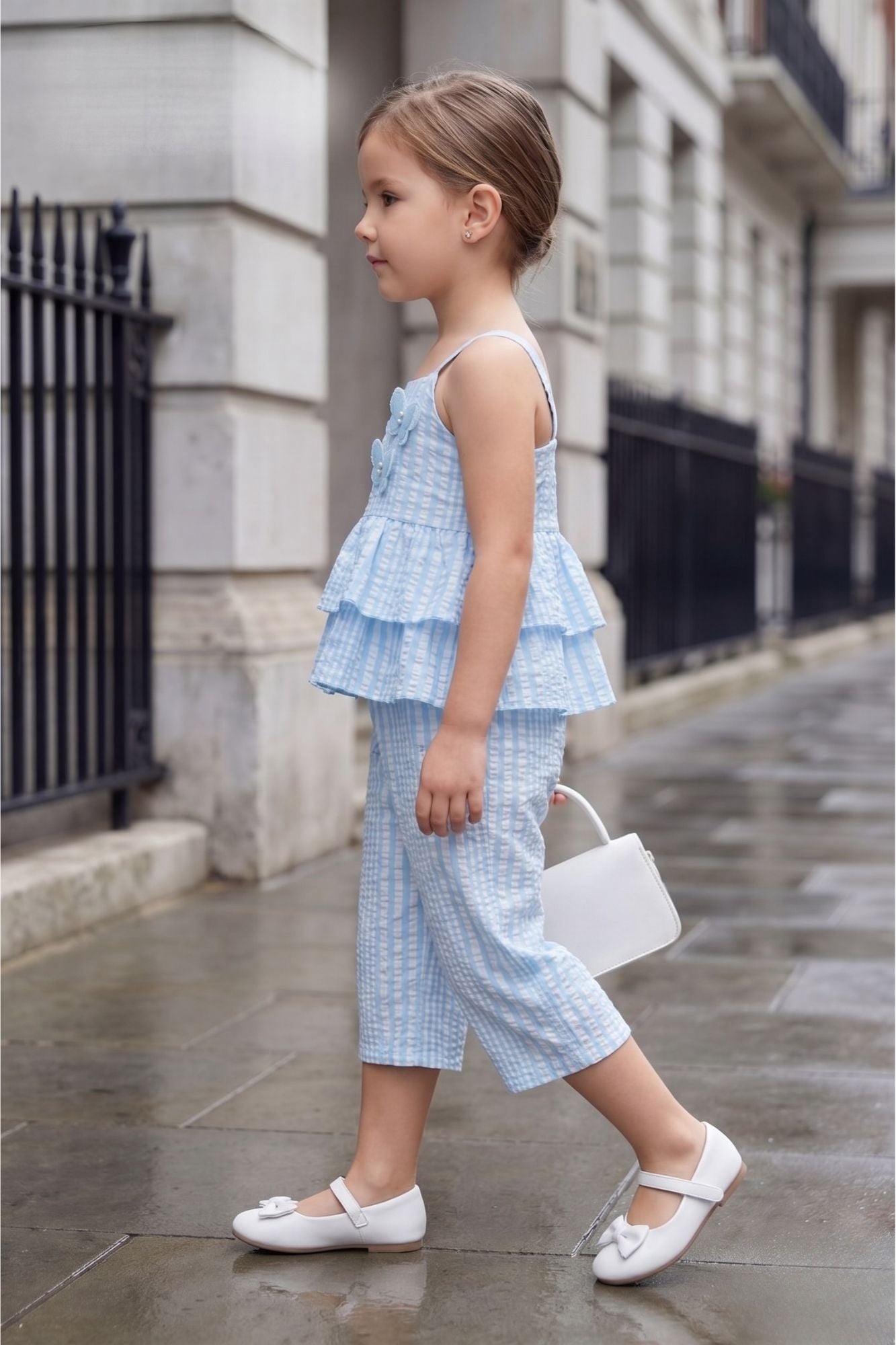 Girls Blue Striped Ruffle Co-Ord Set with Butterfly Applique