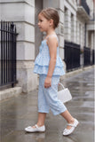 Girls Blue Striped Ruffle Co-Ord Set with Butterfly Applique