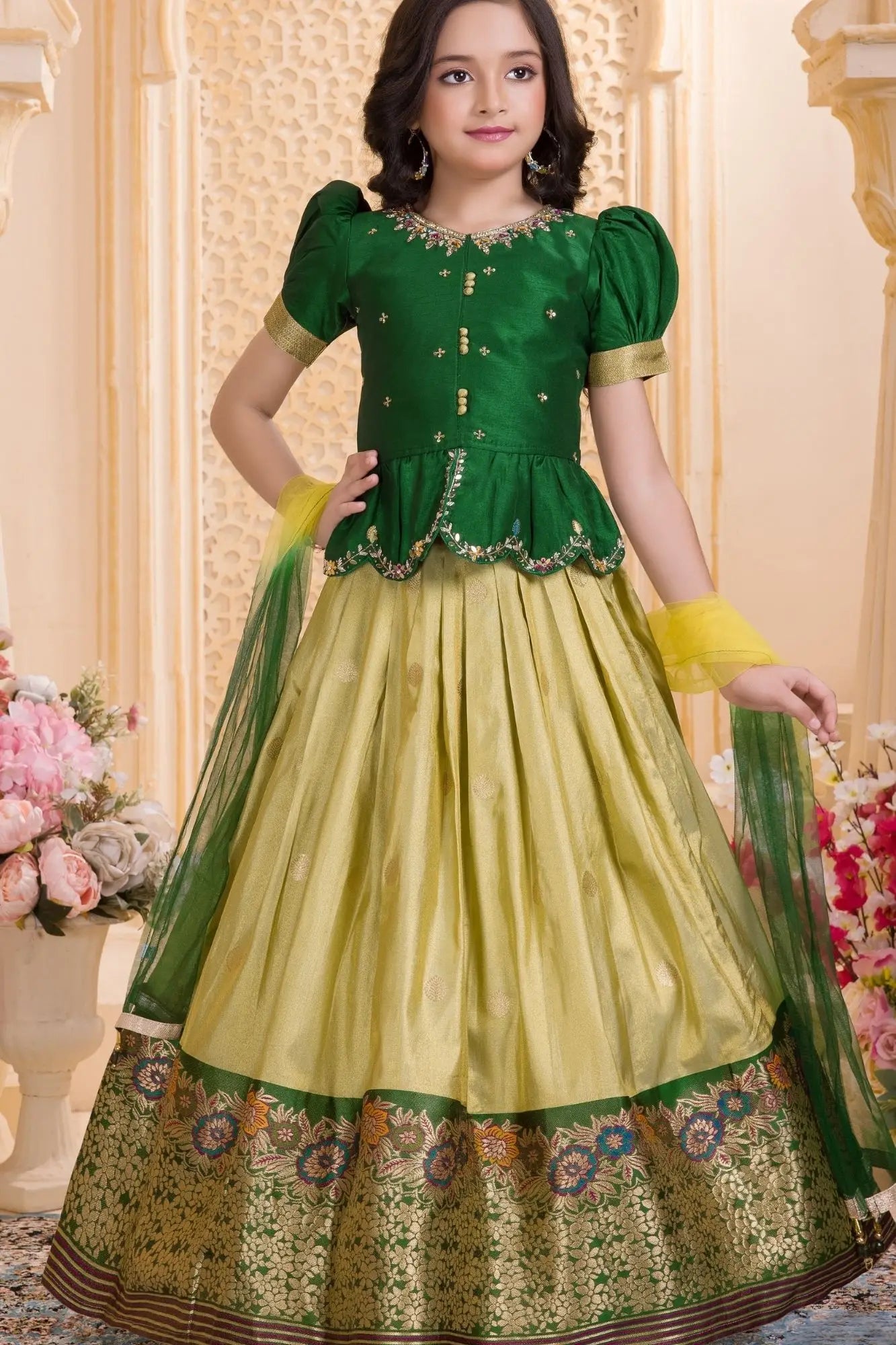 Emerald Green Embroidered Pattu Pavadai Set with Zari Work For Girls