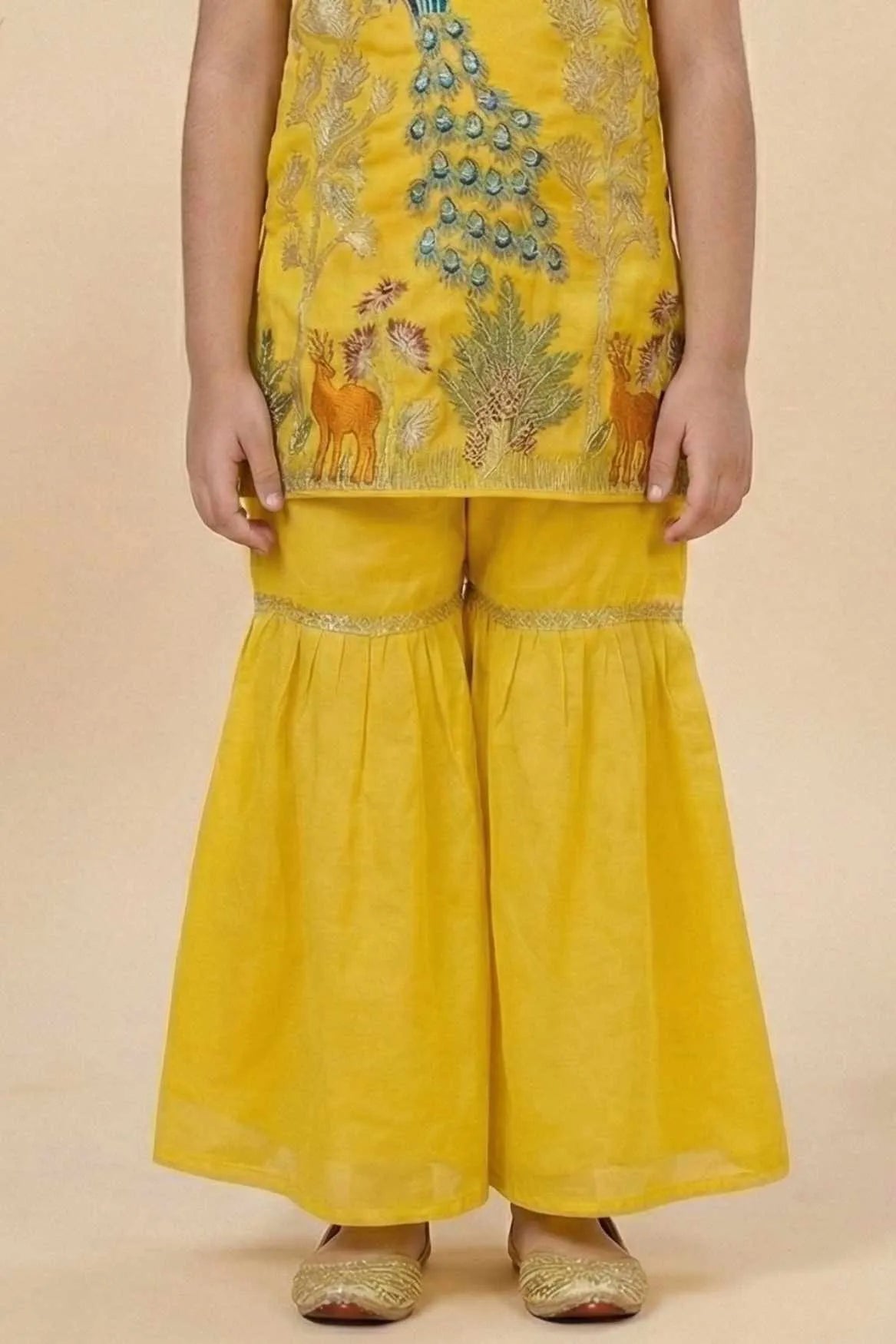 Mustard Yellow Peacock Embroidered Sharara Set with Dupatta For Girls